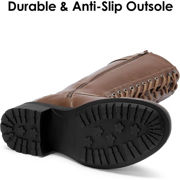 Women's Polyurethane Pu Light Brown Double buckle Knee High Riding Combat Boot - Picture 3 of 7